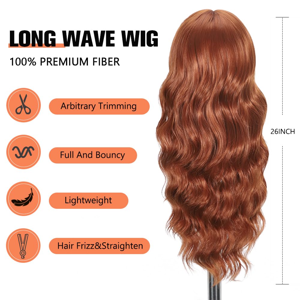 Black Wig with Bangs Long curly wavy Wigs for Women26In Synthetic Black Wig
