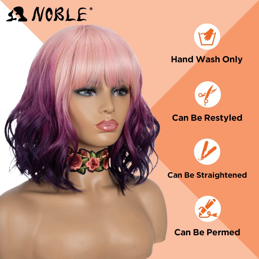 NOBLE Blue Wig with Bangs 12 Inches Short Bob Curly Wig Blue Wigs for Women Colorful Wavy Bob Wigs with Air Bangs Heat Resistant Synthetic Silver Blue Halloween Wigs for Cosplay Party