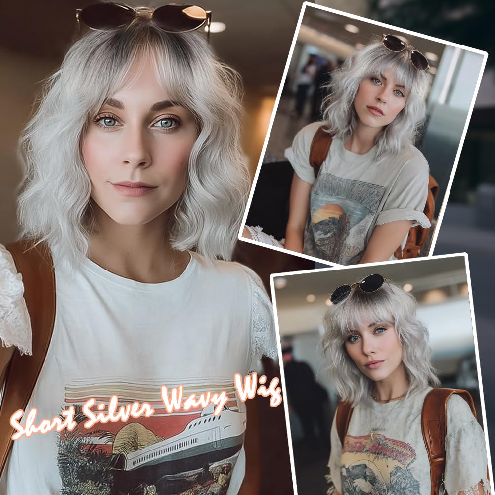 White Silver Wigs for Women Ombre Grey Wavy Bob Short Wigs with Bangs Medium Length Synthetic Hair Water Wave Dark Roots Wig Gray Colorful Wigs（14 Inches）