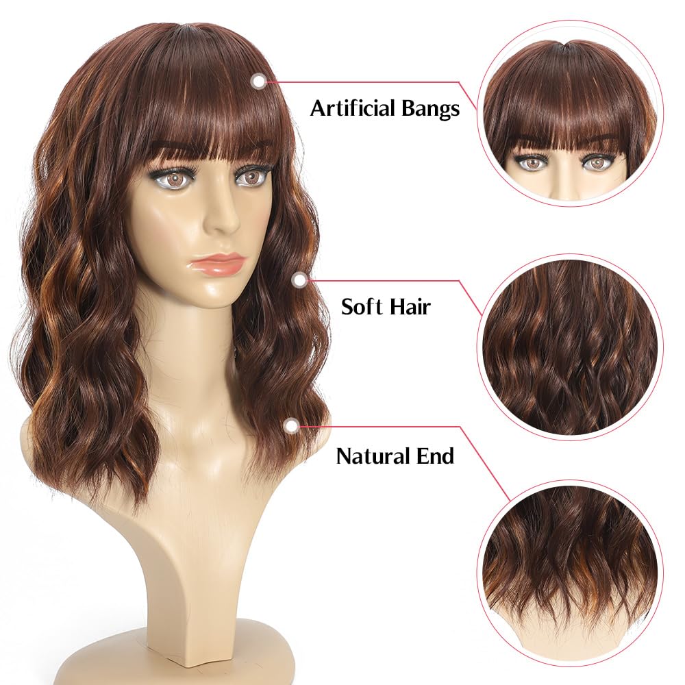 Black Mixed Brown Wig for Black Women Short Wavy Curly Bob Wig with Bangs