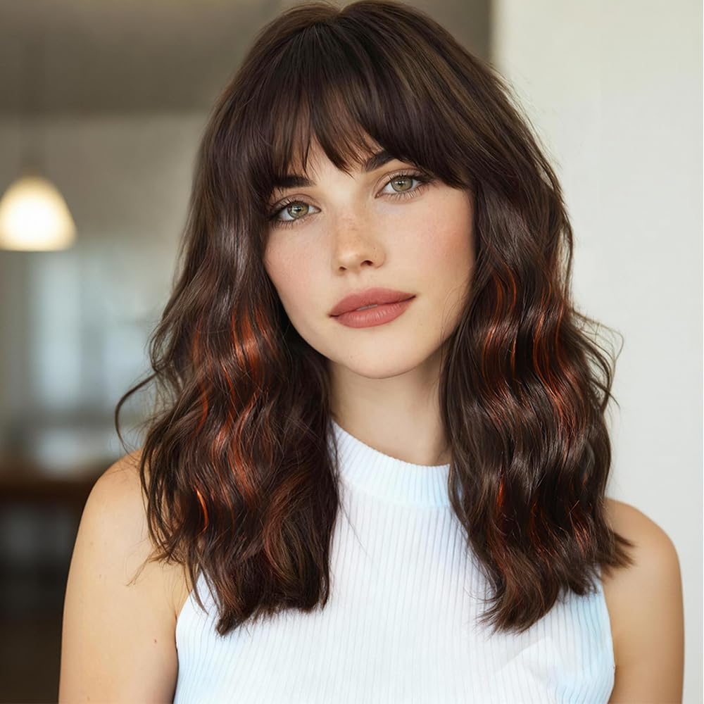 Black Mixed Brown Wig for Black Women Short Wavy Curly Bob Wig with Bangs