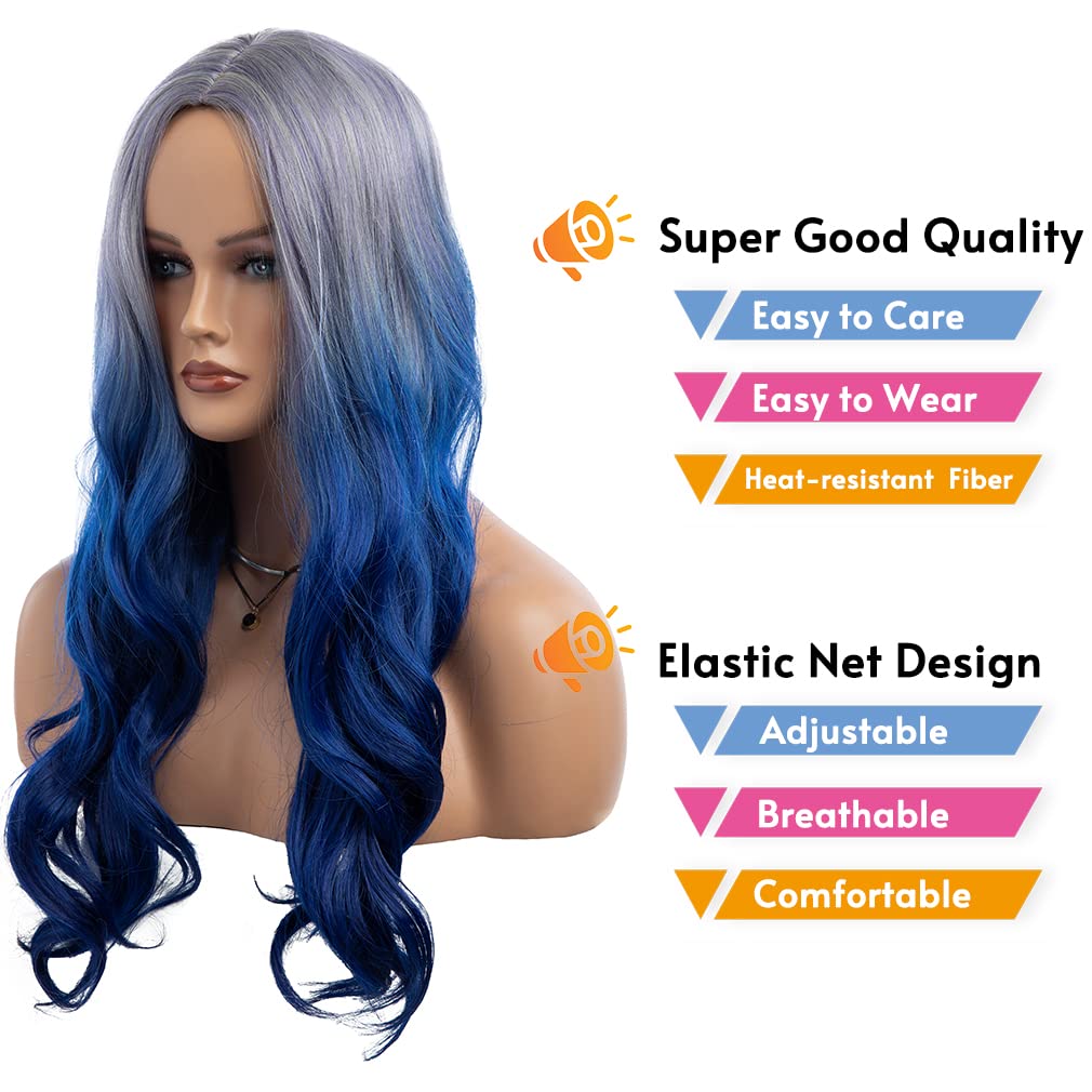 Long Curly Wavy Silver Grey to Purple Wig Side Part Natural Looking Synthetic Cosplay Wig for Women