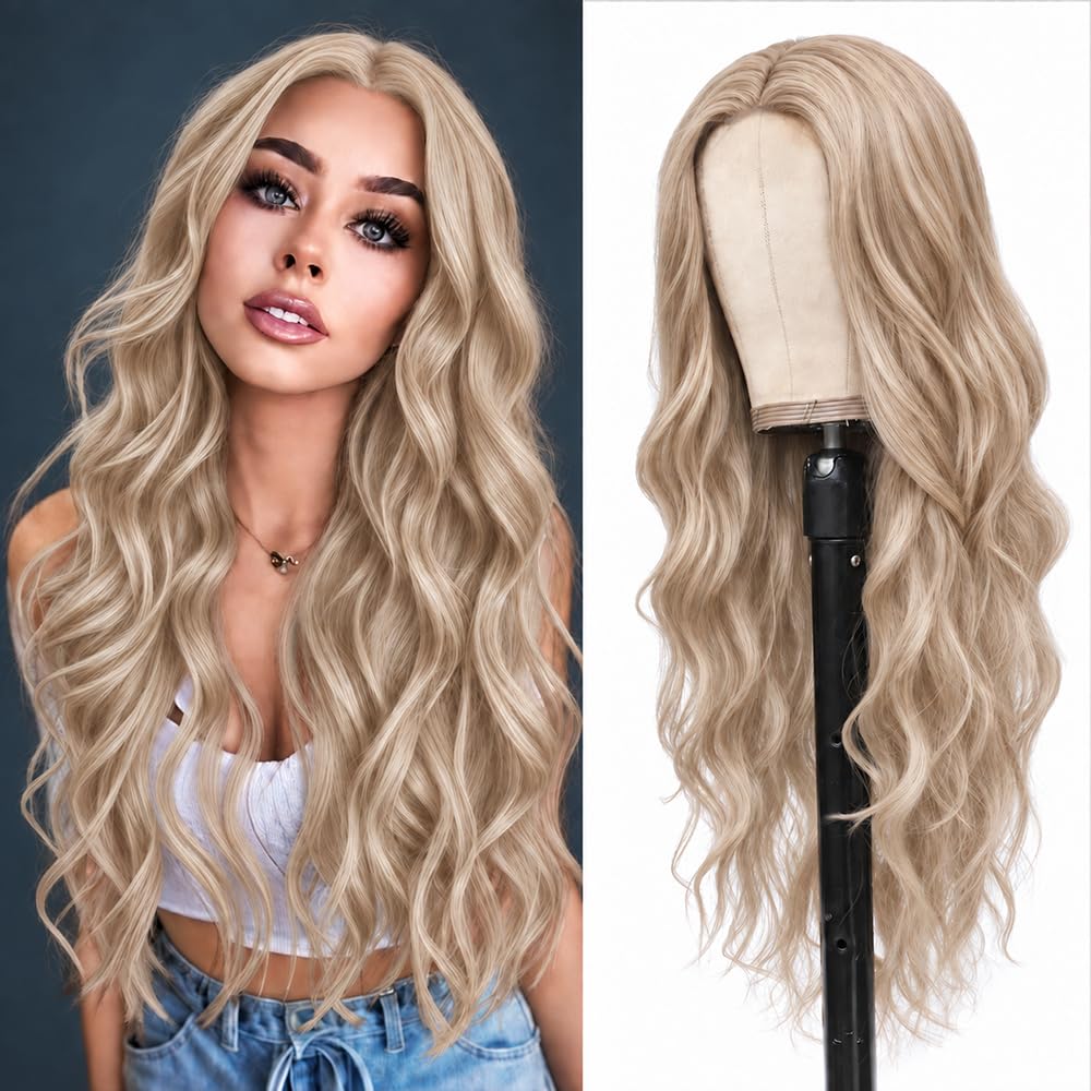 HMHIFI Blonde Wig for Women,26 Inch Long Wavy Curly Middle Part Hair