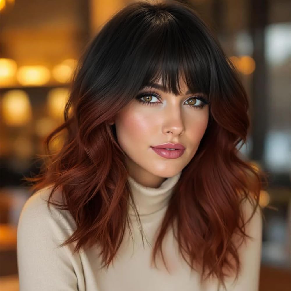 Black Mixed Brown Wig for Black Women Short Wavy Curly Bob Wig with Bangs