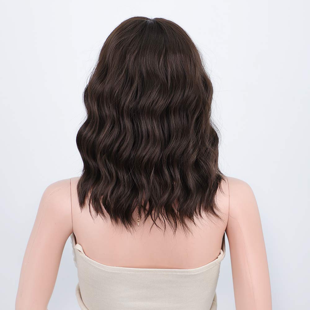 Black Mixed Brown Wig for Black Women Short Wavy Curly Bob Wig with Bangs