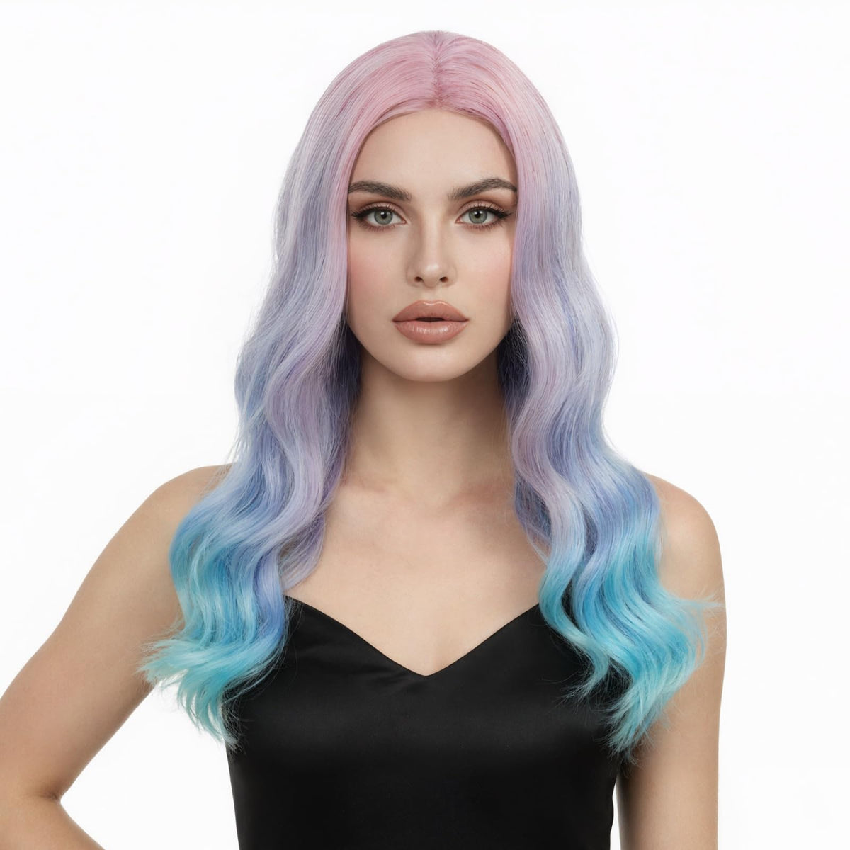 Long Pastel Wigs for Women Heat Resistant Hair Natural Wigs for Daily Cosplay Costume Party Carnival Purple-pink Gradient with Blue Highlights