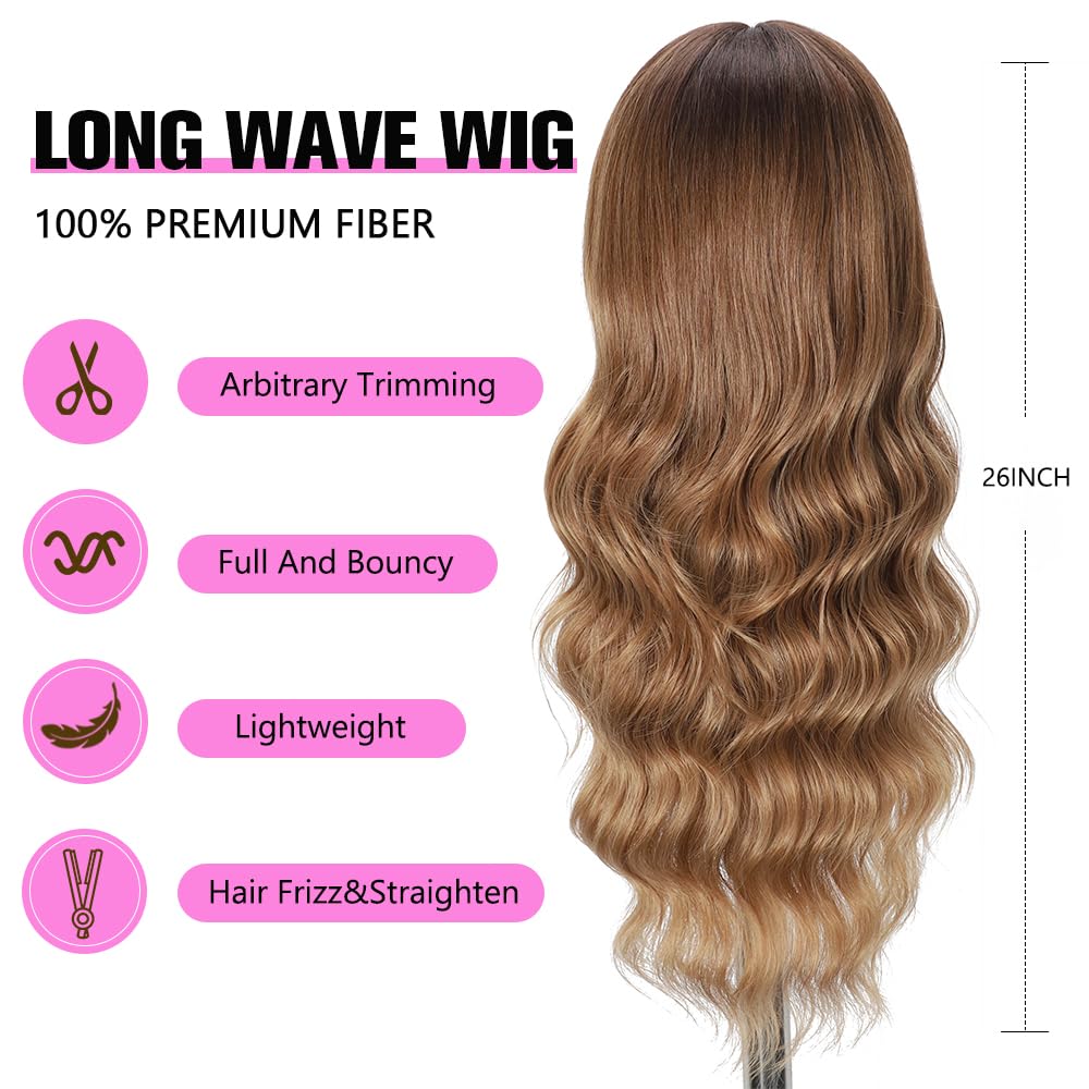 Black Wig with Bangs Long curly wavy Wigs for Women26In Synthetic Black Wig