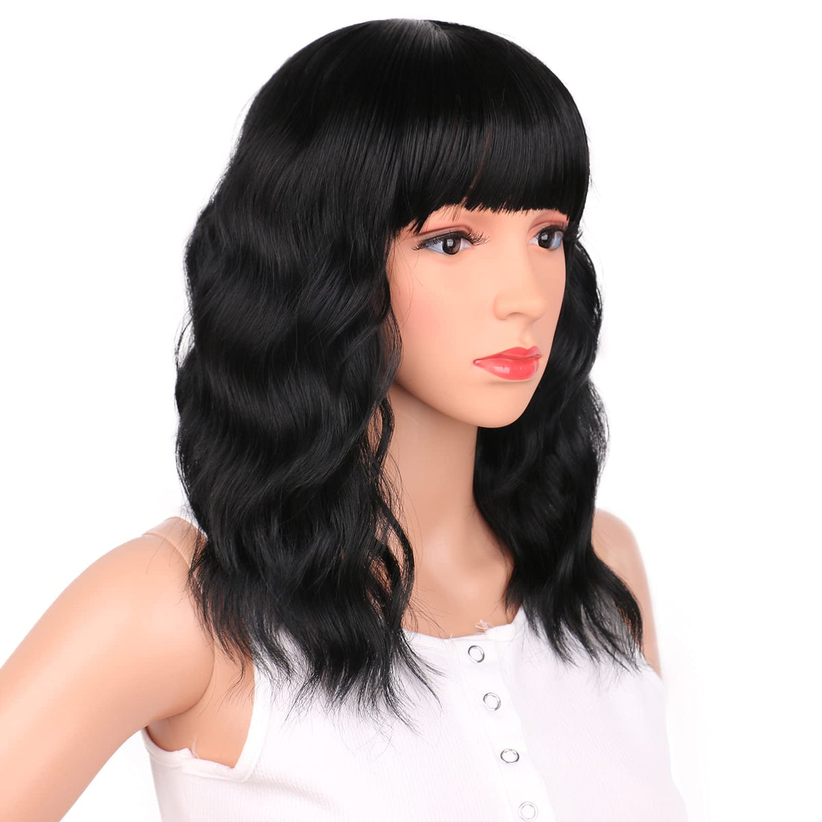 Black Mixed Brown Wig for Black Women Short Wavy Curly Bob Wig with Bangs