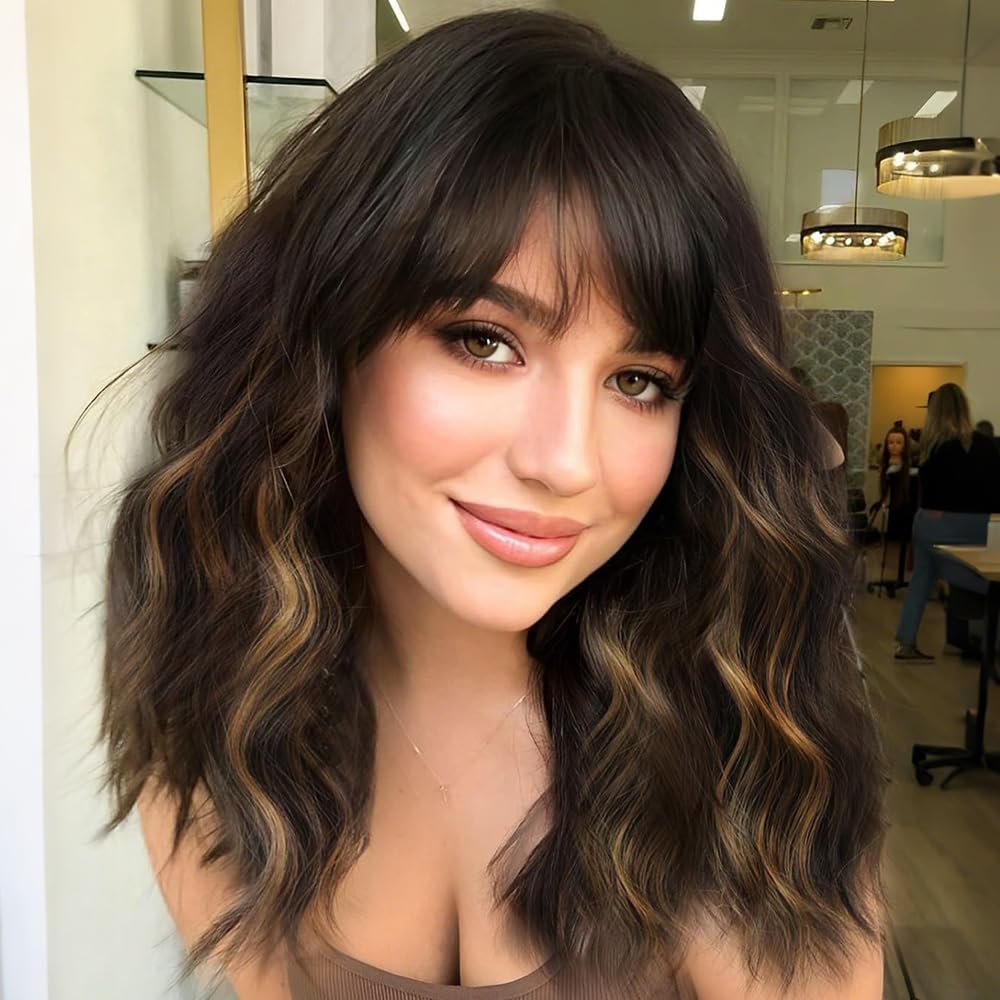 Black Mixed Brown Wig for Black Women Short Wavy Curly Bob Wig with Bangs