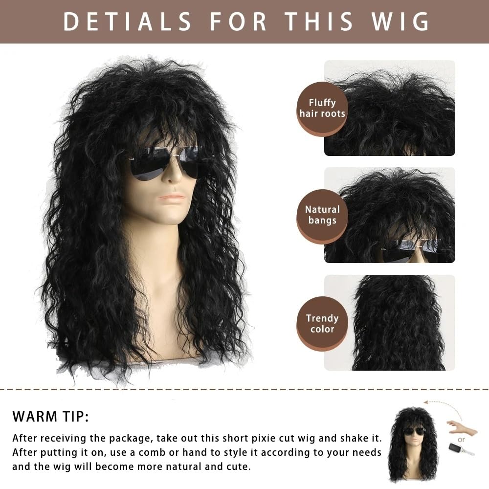 Mens Black Wig Long Curly Natural Hair Wig Layered Wavy for Daily Party Costume Cospaly Halloween