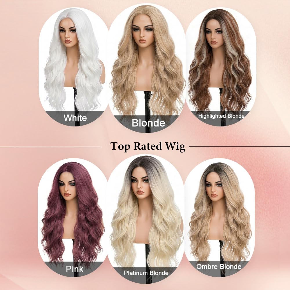 HMHIFI Blonde Wig for Women,26 Inch Long Wavy Curly Middle Part Hair