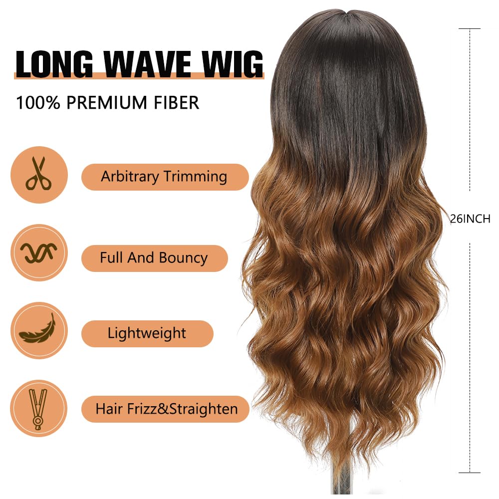 Black Wig with Bangs Long curly wavy Wigs for Women26In Synthetic Black Wig