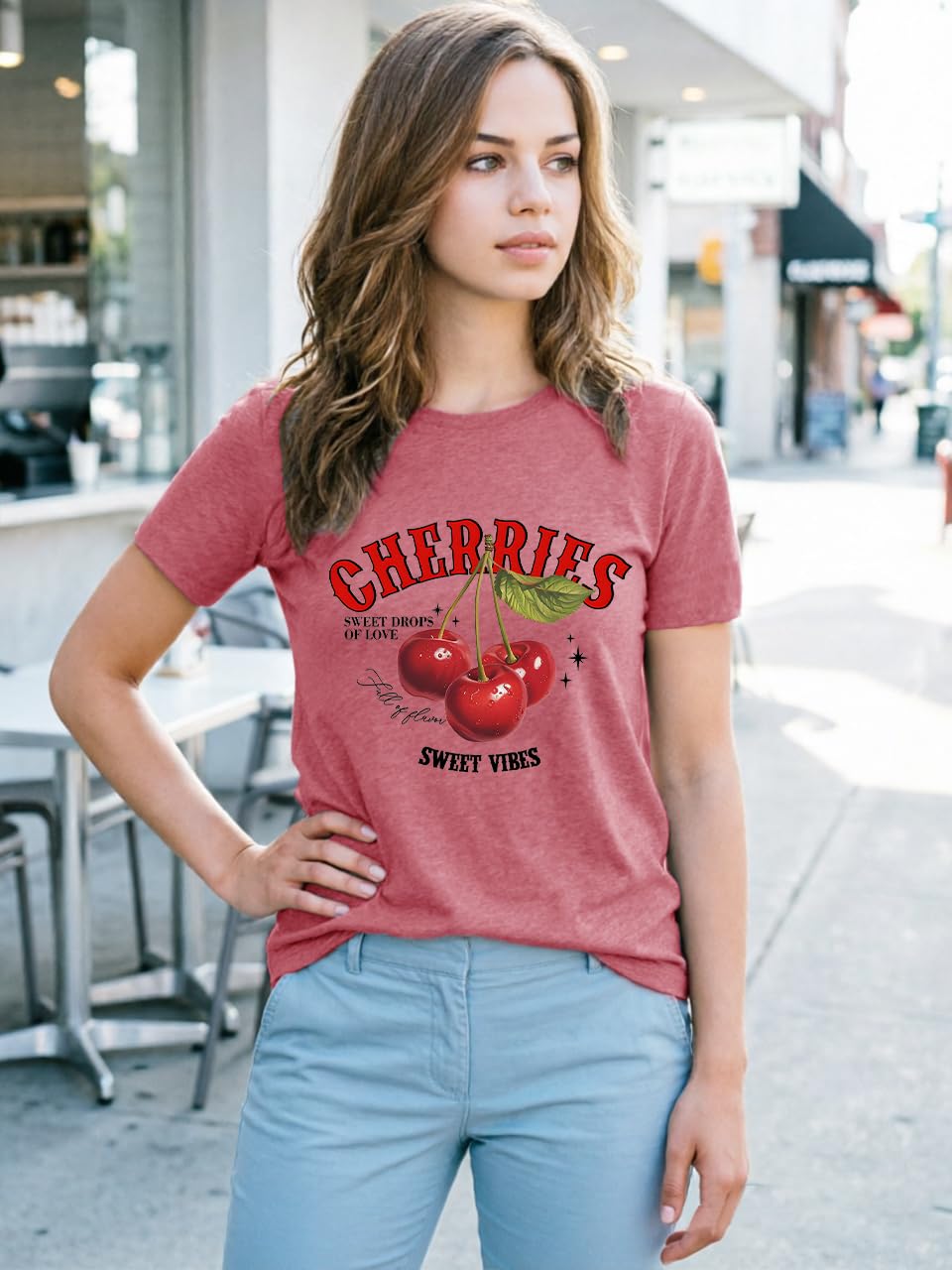 Cherry Graphic Tees Sweet Vibe Streetwear Shirt Short Sleeve Tops for Women
