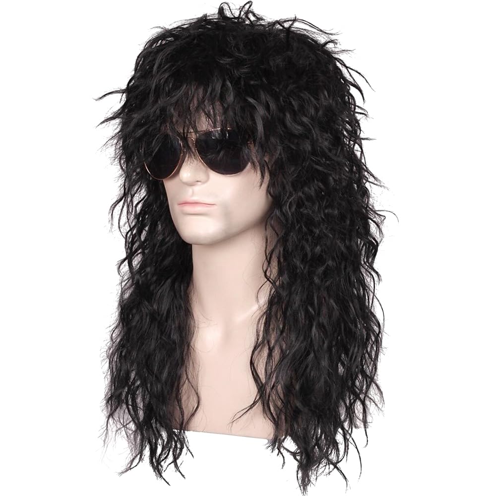 PORSMEER Mens Long Curly Rock N Roll Wig for Men Heavy Metal Rock Disco Hair for Rockstar, Halloween, Party, Retro Music Festival (Black)
