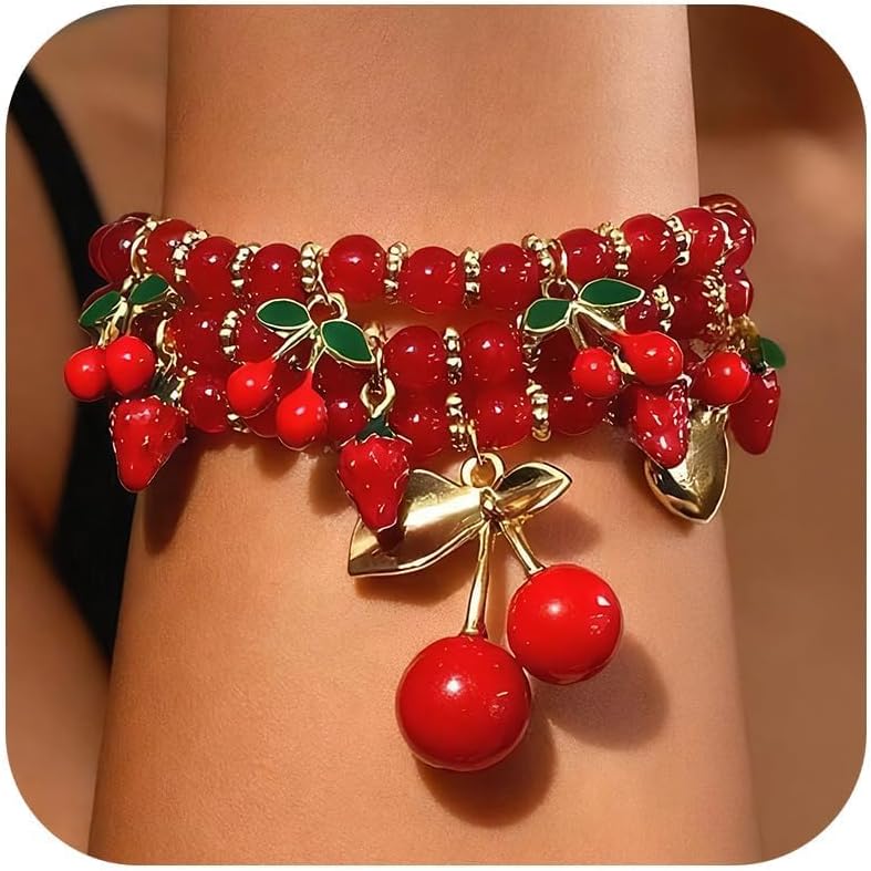 Long tiantian Cherry Bracelet for Women Cherry Dress Outfits Accessories Charm Bracelets Stack Cherry Gifts Cute Stuff Red Spring Accessories
