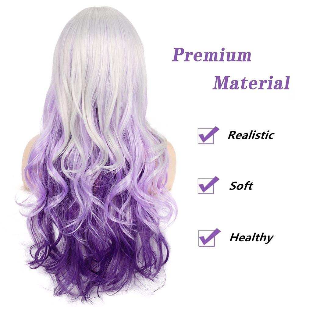 Long Curly Wavy Silver Grey to Purple Wig Side Part Natural Looking Synthetic Cosplay Wig for Women