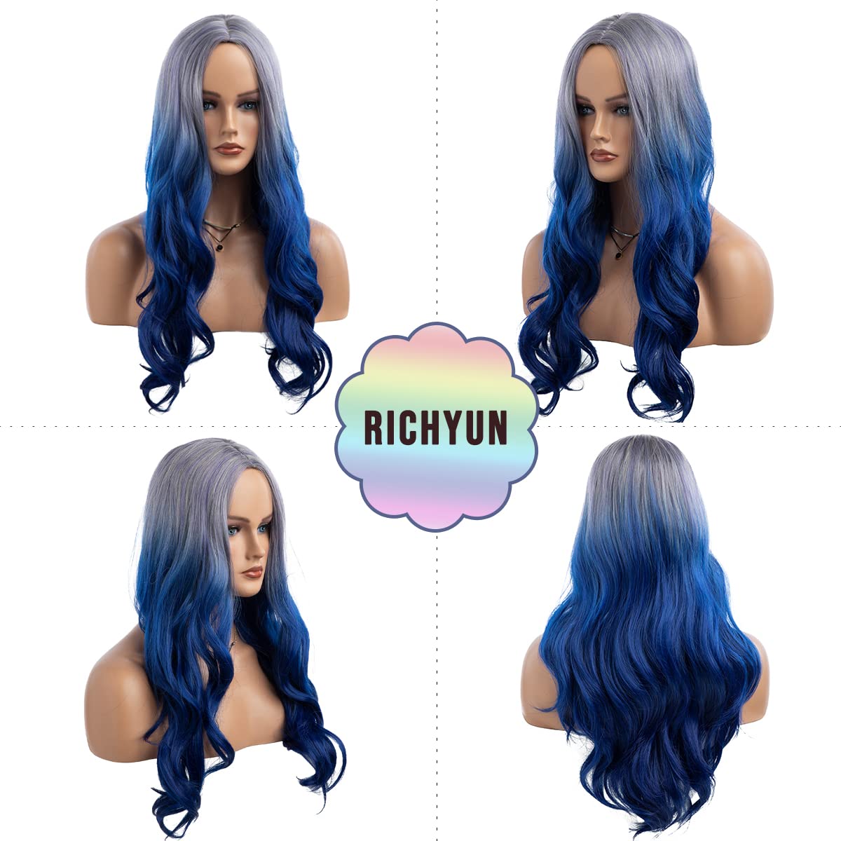 Long Curly Wavy Silver Grey to Purple Wig Side Part Natural Looking Synthetic Cosplay Wig for Women