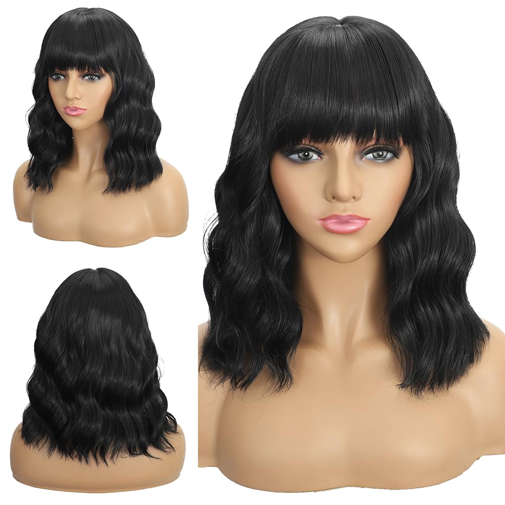 Dark Purple Wigs with Bangs for Women 14 Inch Short Wavy Bob Wigs Synthetic Bob Wig Curly Wig Heat Resistant Colorful Wavy Wig Cosplay Wigs For Daily Party Halloween