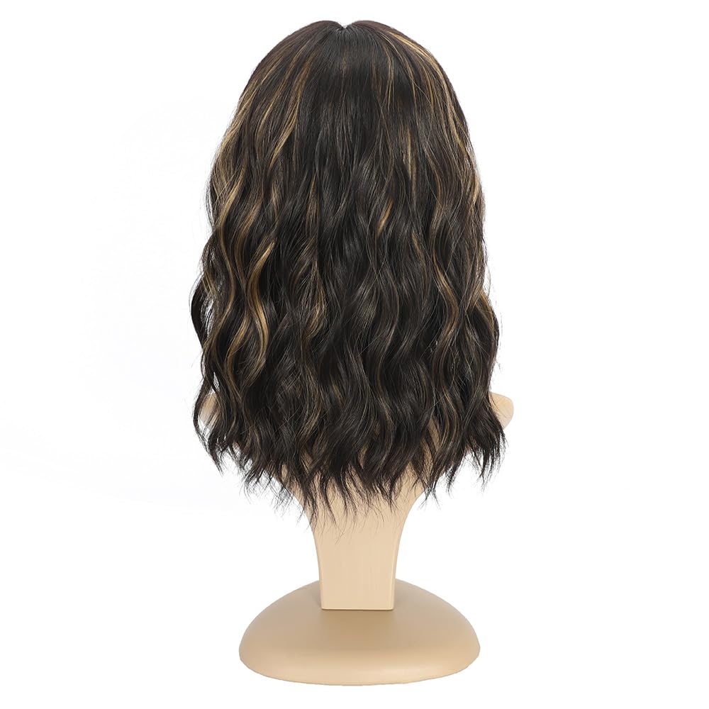 Black Mixed Brown Wig for Black Women Short Wavy Curly Bob Wig with Bangs