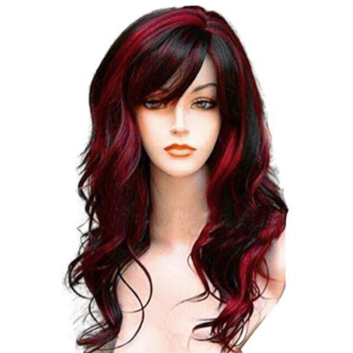 Long Hair Wigs Wavy Curly 24" Glamorous Women Black Red Highlights Synthetic Cosplay Daily Party Clothing Wig with Wig Cap