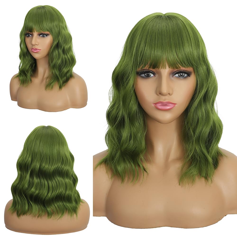 Dark Purple Wigs with Bangs for Women 14 Inch Short Wavy Bob Wigs Synthetic Bob Wig Curly Wig Heat Resistant Colorful Wavy Wig Cosplay Wigs For Daily Party Halloween