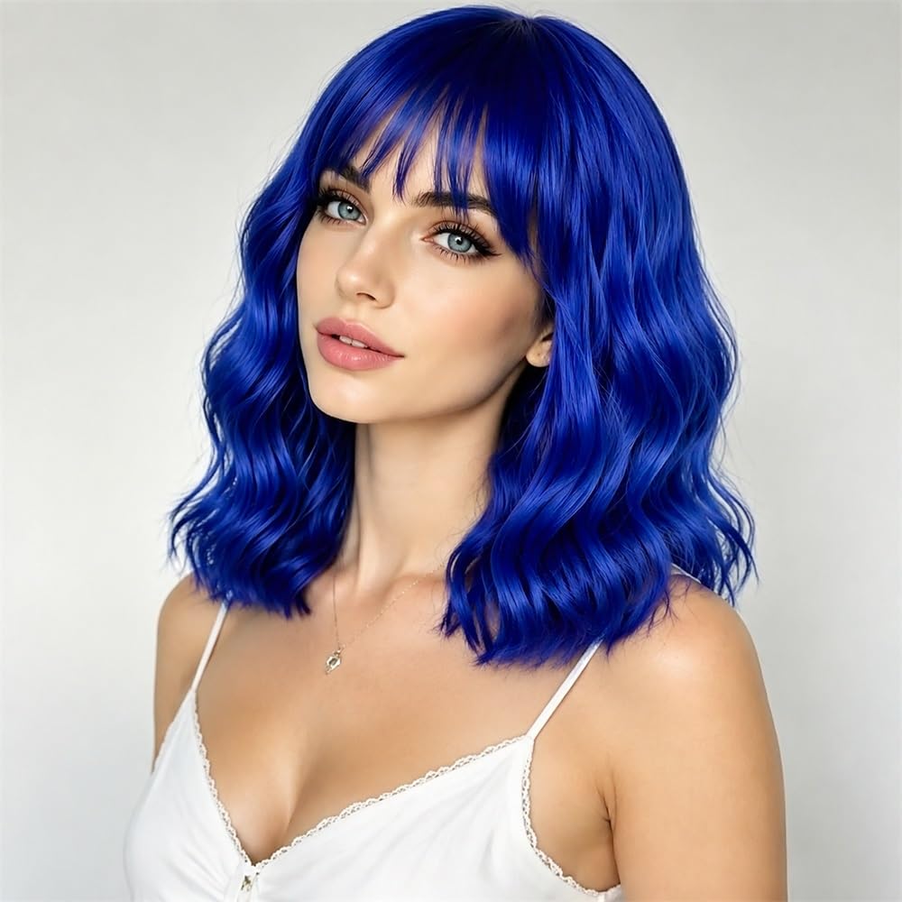 Sweetie Royal Blue Bob Wig Bangs – Wavy Synthetic Shoulder Length