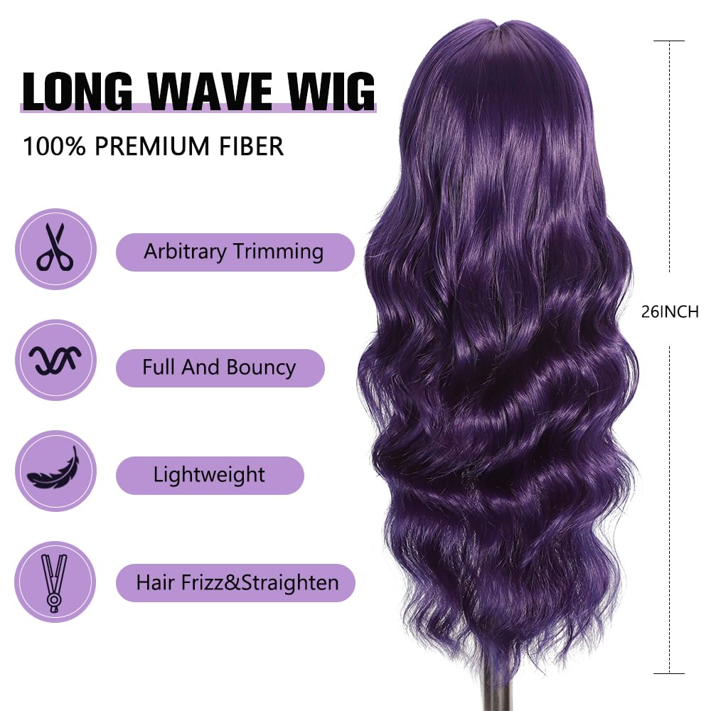 Black Wig with Bangs Long curly wavy Wigs for Women26In Synthetic Black Wig