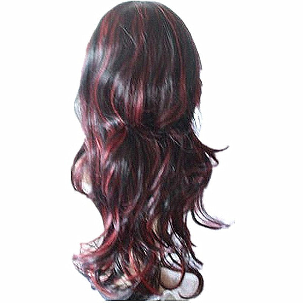 Long Hair Wigs Wavy Curly 24" Glamorous Women Black Red Highlights Synthetic Cosplay Daily Party Clothing Wig with Wig Cap