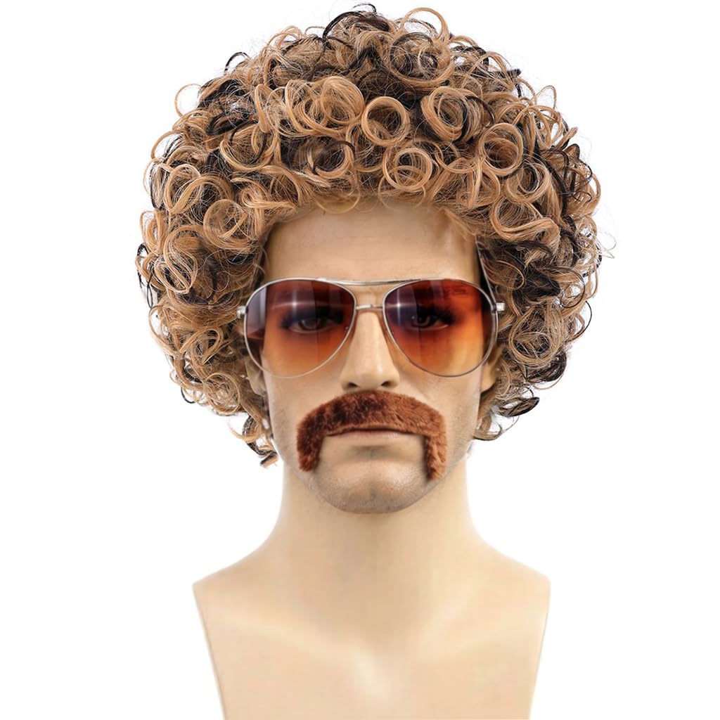 PORSMEER Mens Long Curly Rock N Roll Wig for Men Heavy Metal Rock Disco Hair for Rockstar, Halloween, Party, Retro Music Festival (Black)