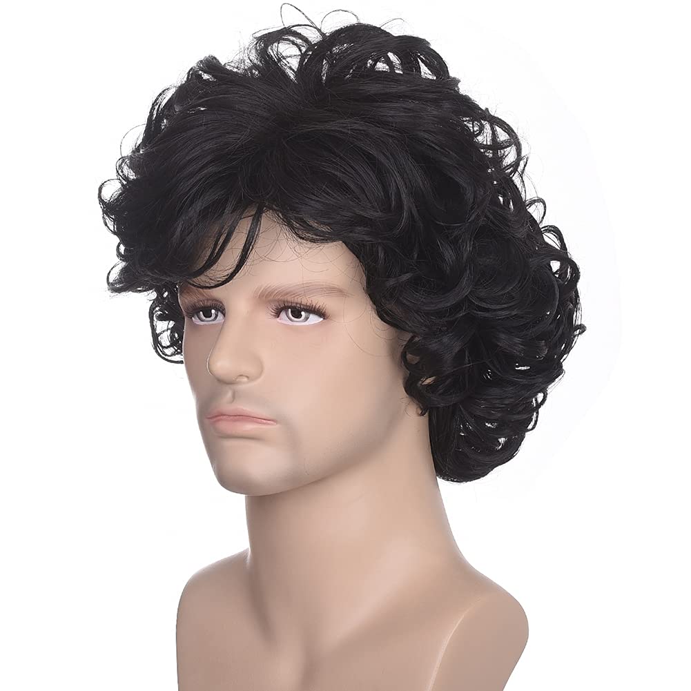 70s Disco Black Jerry Curl Wig with Glasses Mustache Necklace for Men