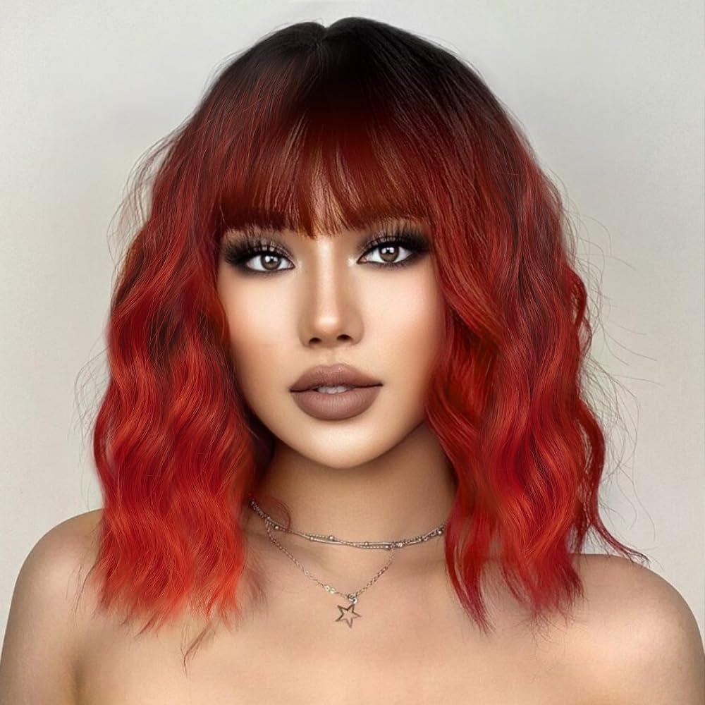 Black Mixed Brown Wig for Black Women Short Wavy Curly Bob Wig with Bangs