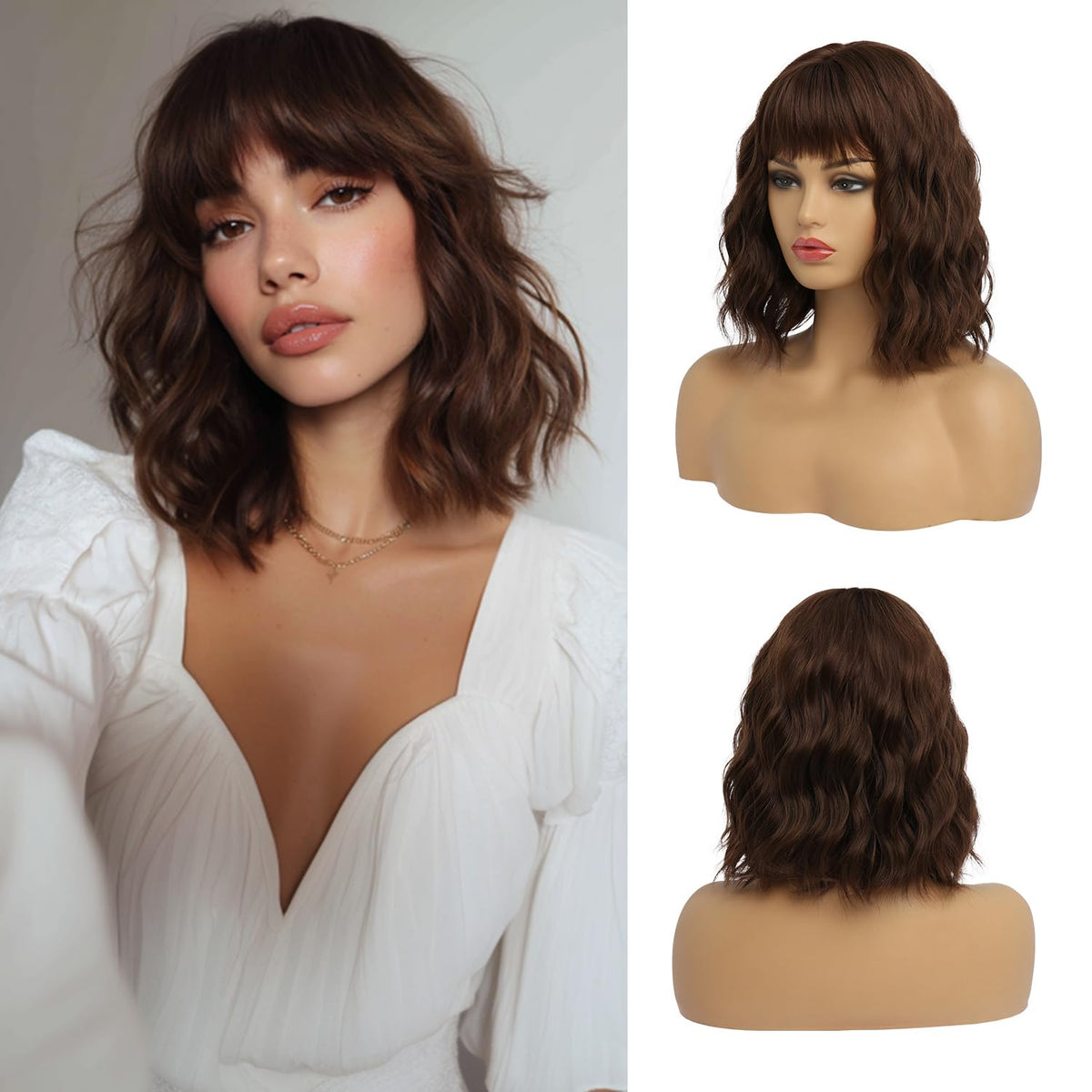White Silver Wigs for Women Ombre Grey Wavy Bob Short Wigs with Bangs Medium Length Synthetic Hair Water Wave Dark Roots Wig Gray Colorful Wigs（14 Inches）