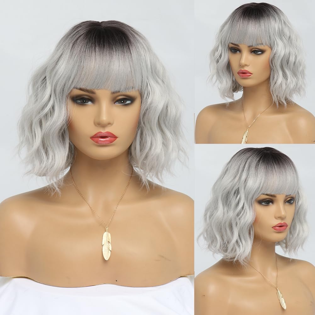 White Silver Wigs for Women Ombre Grey Wavy Bob Short Wigs with Bangs Medium Length Synthetic Hair Water Wave Dark Roots Wig Gray Colorful Wigs（14 Inches）