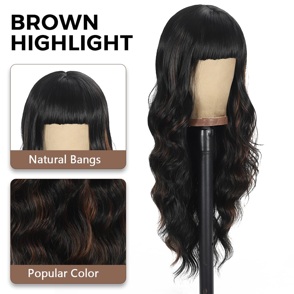 Black Wig with Bangs Long curly wavy Wigs for Women26In Synthetic Black Wig