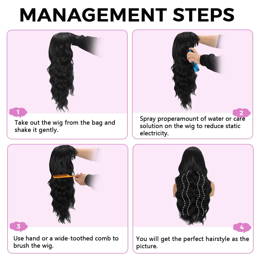 Black Wig with Bangs Long curly wavy Wigs for Women26In Synthetic Black Wig