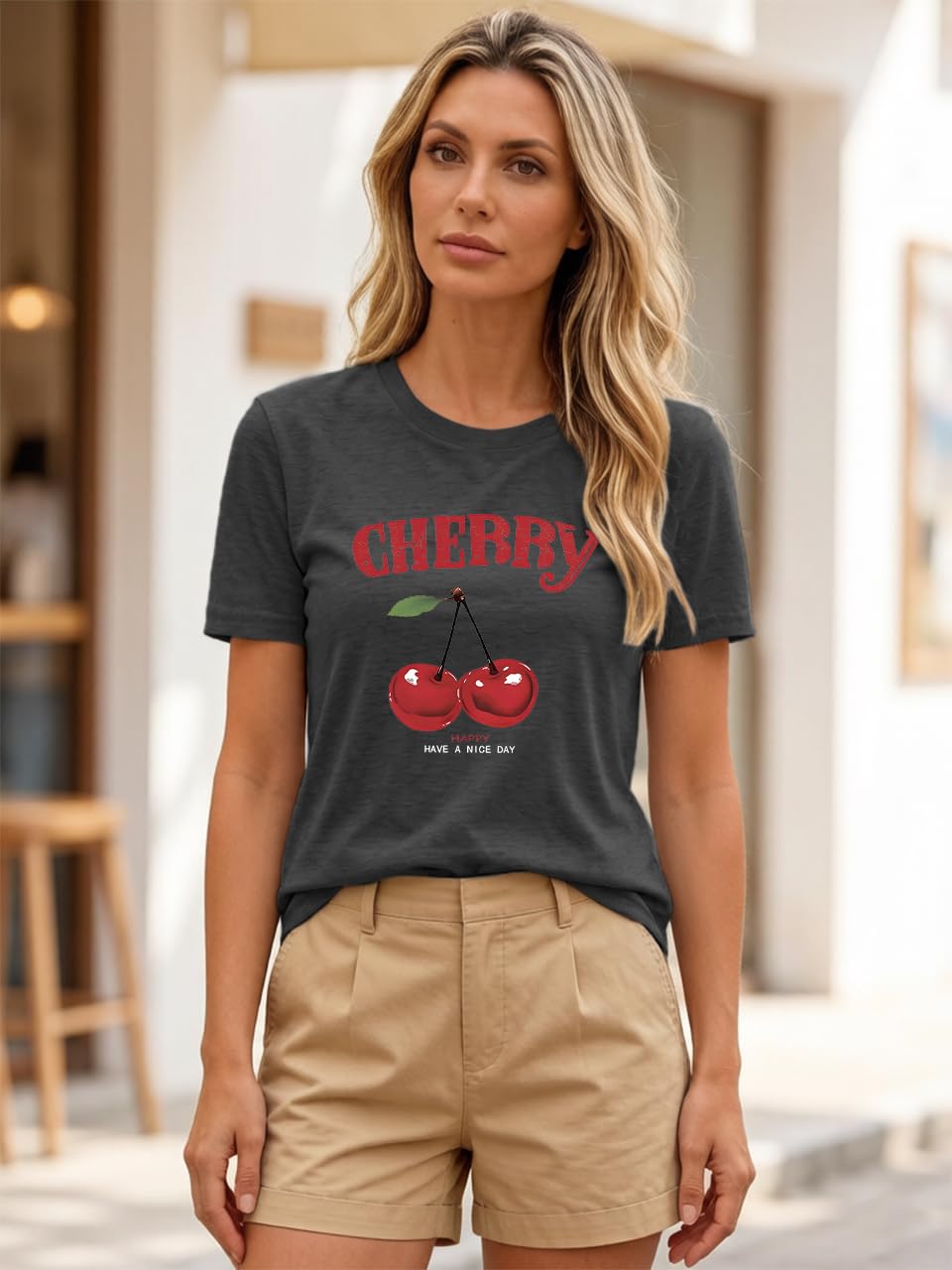 Cherry Graphic Tees Sweet Vibe Streetwear Shirt Short Sleeve Tops for Women
