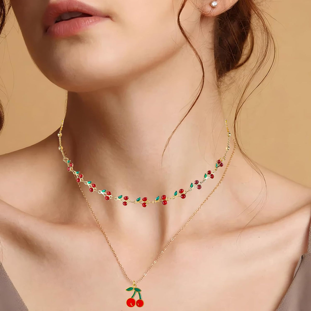 Jojomina Cherry Necklace for Women Layered Summer Jewelry Accessories 2PCs