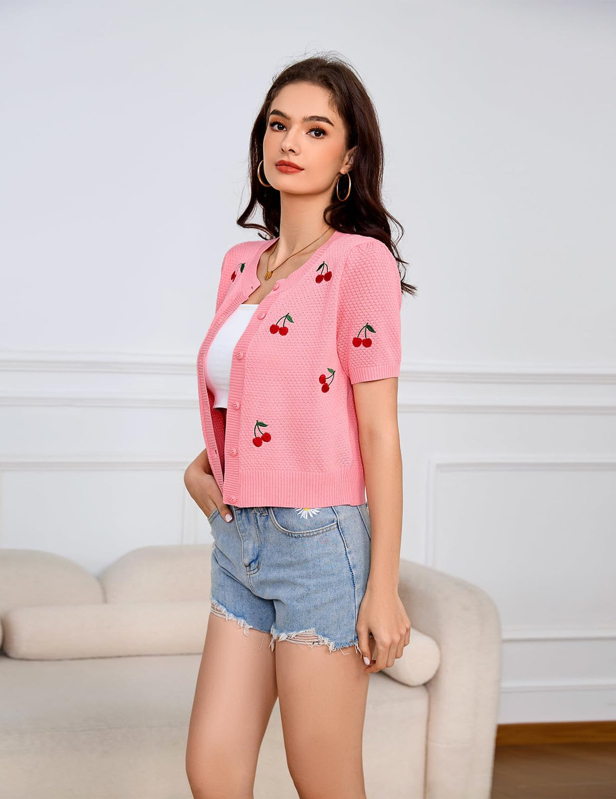 Bbonlinedress Women Cherry Short Sleeve Cardigan Tops Vintage Sweater Shirt