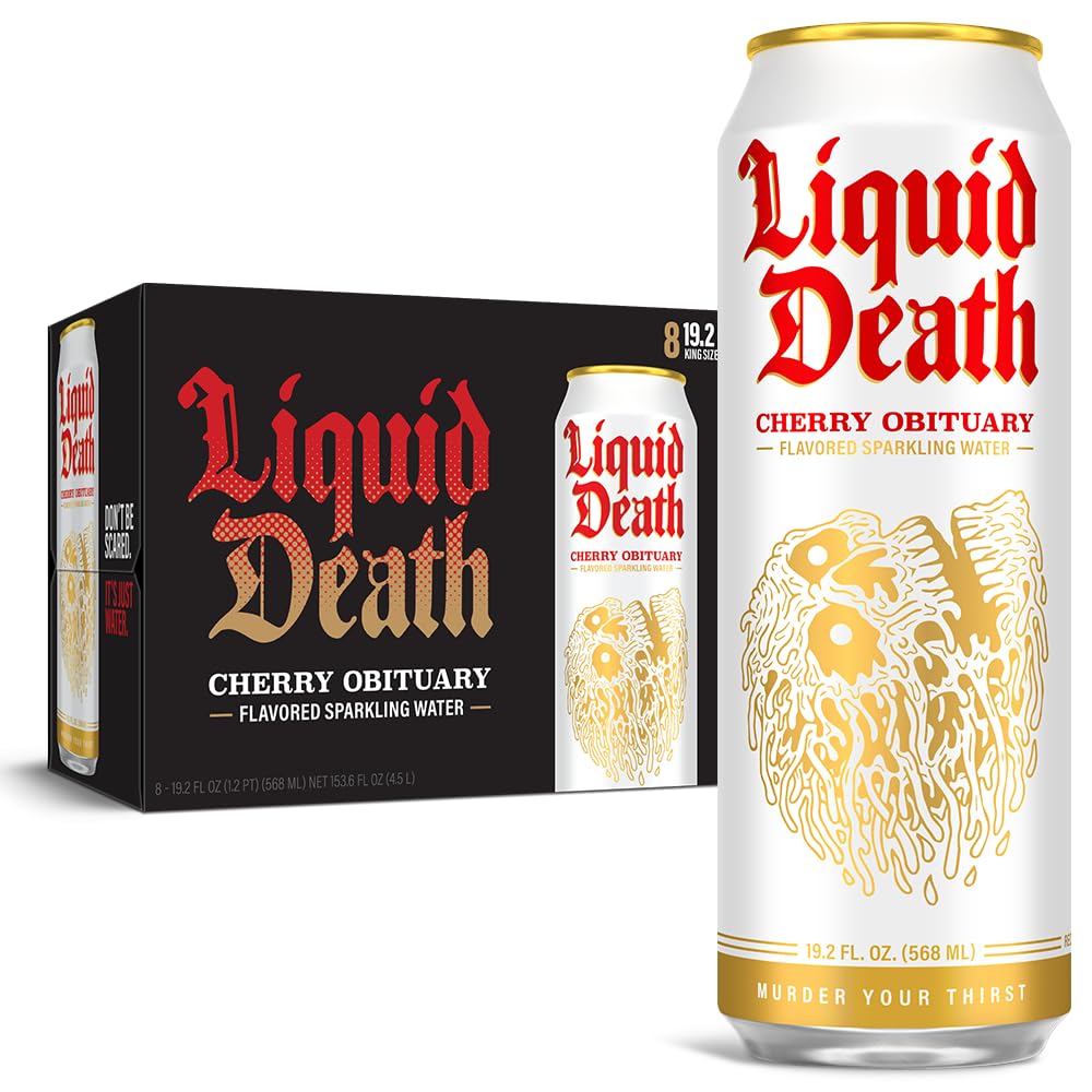 Liquid Death Soda-Flavored Sparkling Water - Cherry Obituary, Less Sugar*, Huge Flavor, No Caffeine, No Artificial Sweeteners, 12 Fl Oz (Pack of 12)