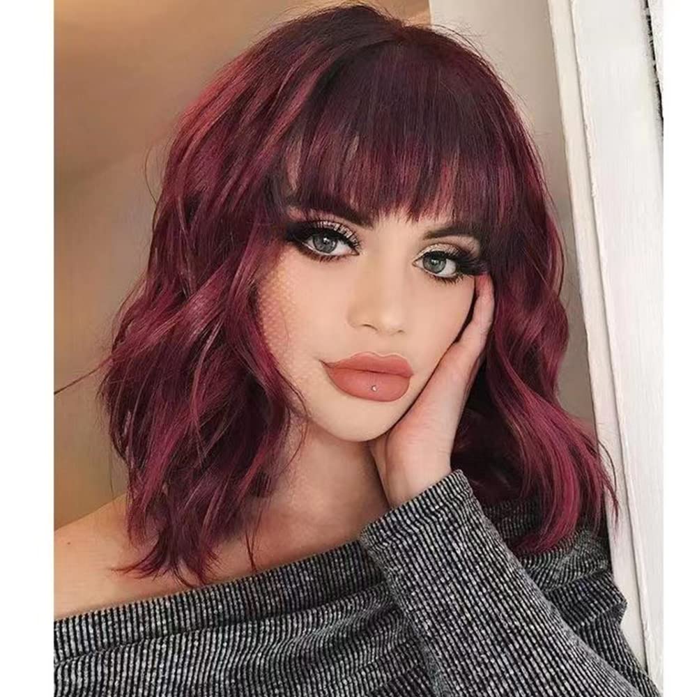NOBLE Blue Wig with Bangs 12 Inches Short Bob Curly Wig Blue Wigs for Women Colorful Wavy Bob Wigs with Air Bangs Heat Resistant Synthetic Silver Blue Halloween Wigs for Cosplay Party