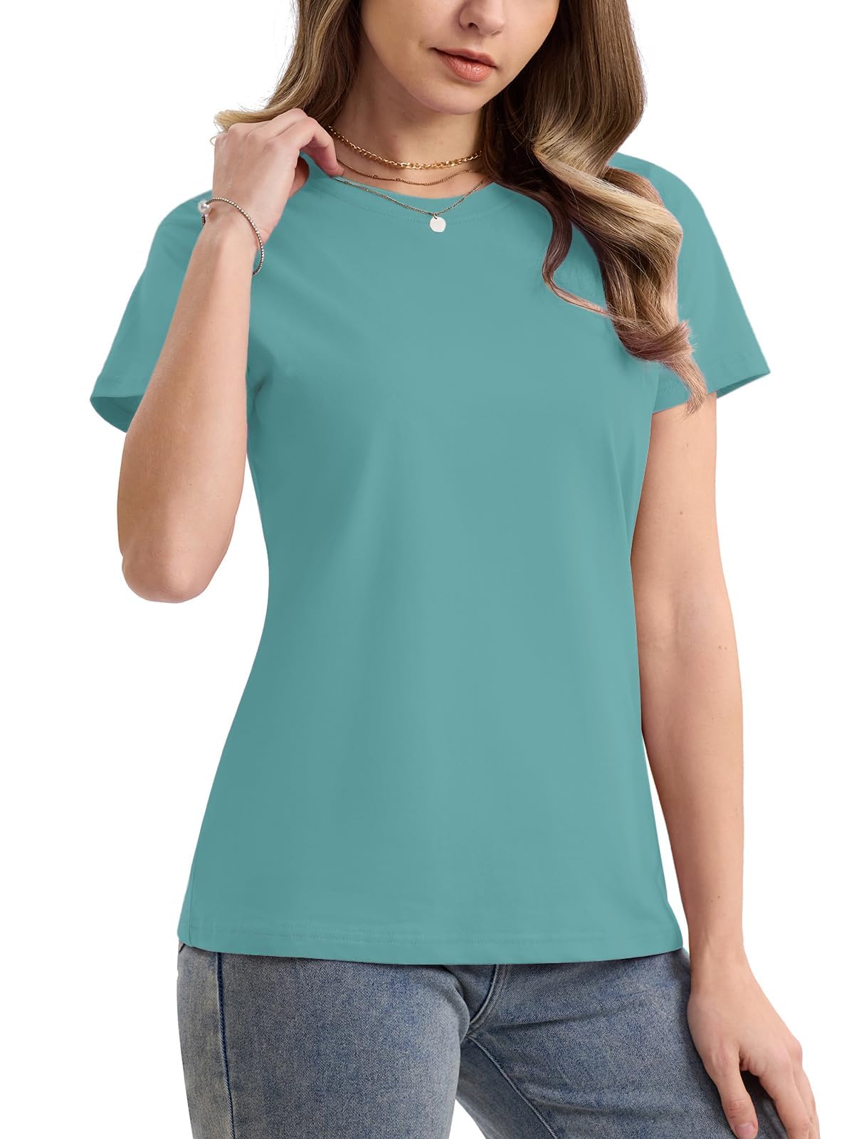 SMENG Women's Cotton Crewneck T-Shirts Short Sleeve Basic Solid Color Tee Classic-Fit Shirt Breathable Comfy Summer Top