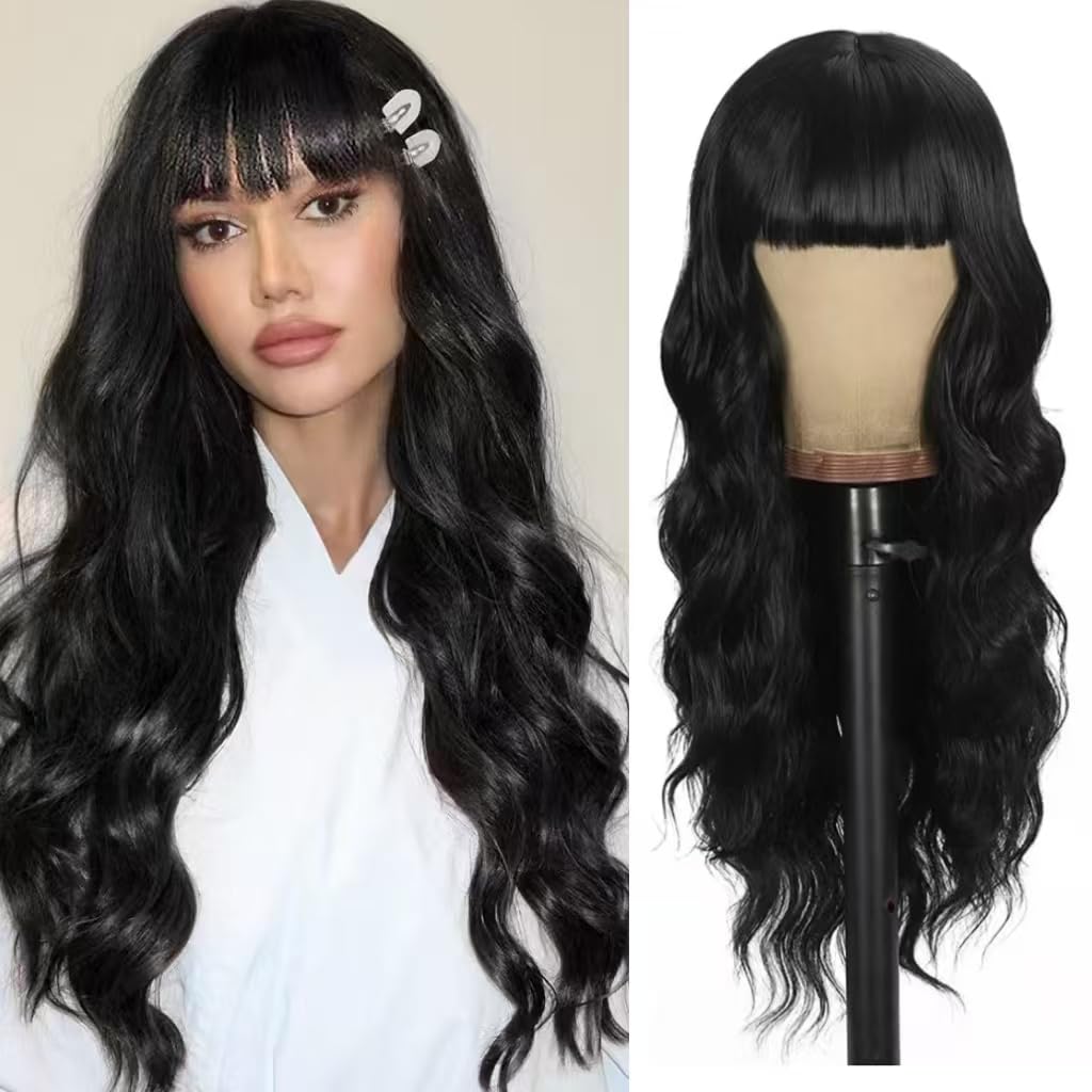 Black Wig with Bangs Long curly wavy Wigs for Women26In Synthetic Black Wig