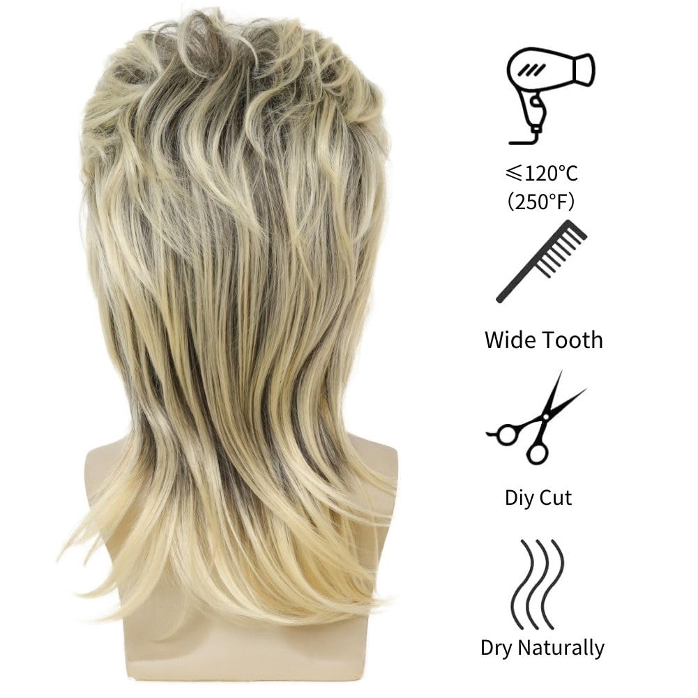 Kaneles Mullet Wigs for Men 80s Costumes Fancy Party Accessory Cosplay Halloween Wig (Light Brown)
