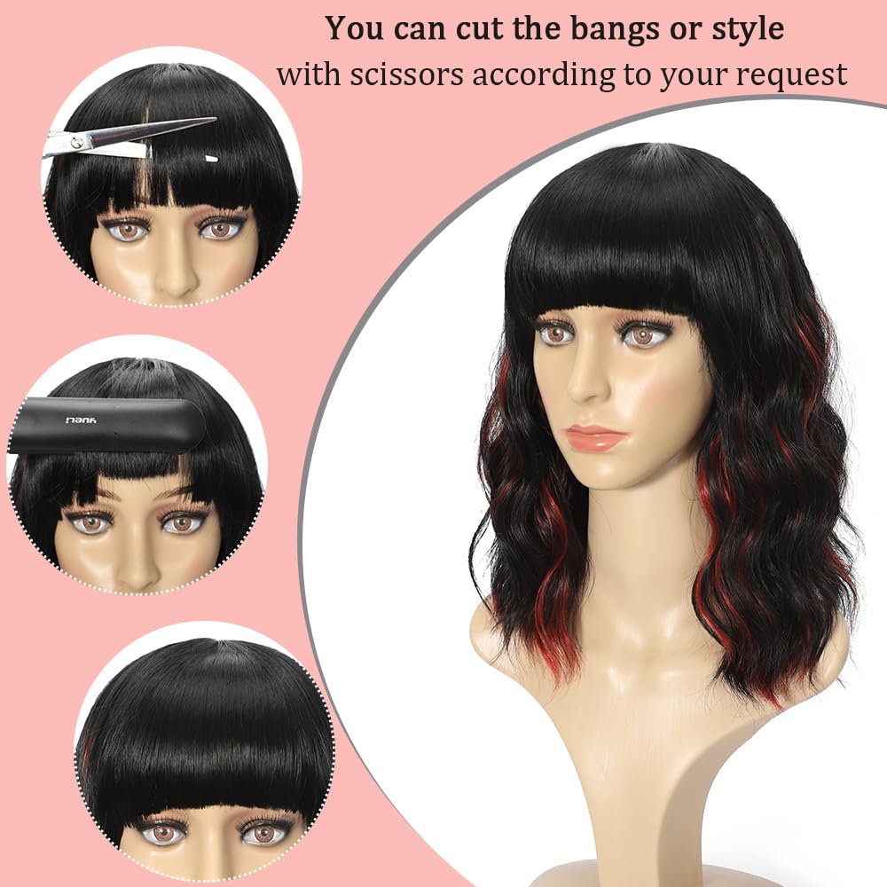 Black Mixed Brown Wig for Black Women Short Wavy Curly Bob Wig with Bangs