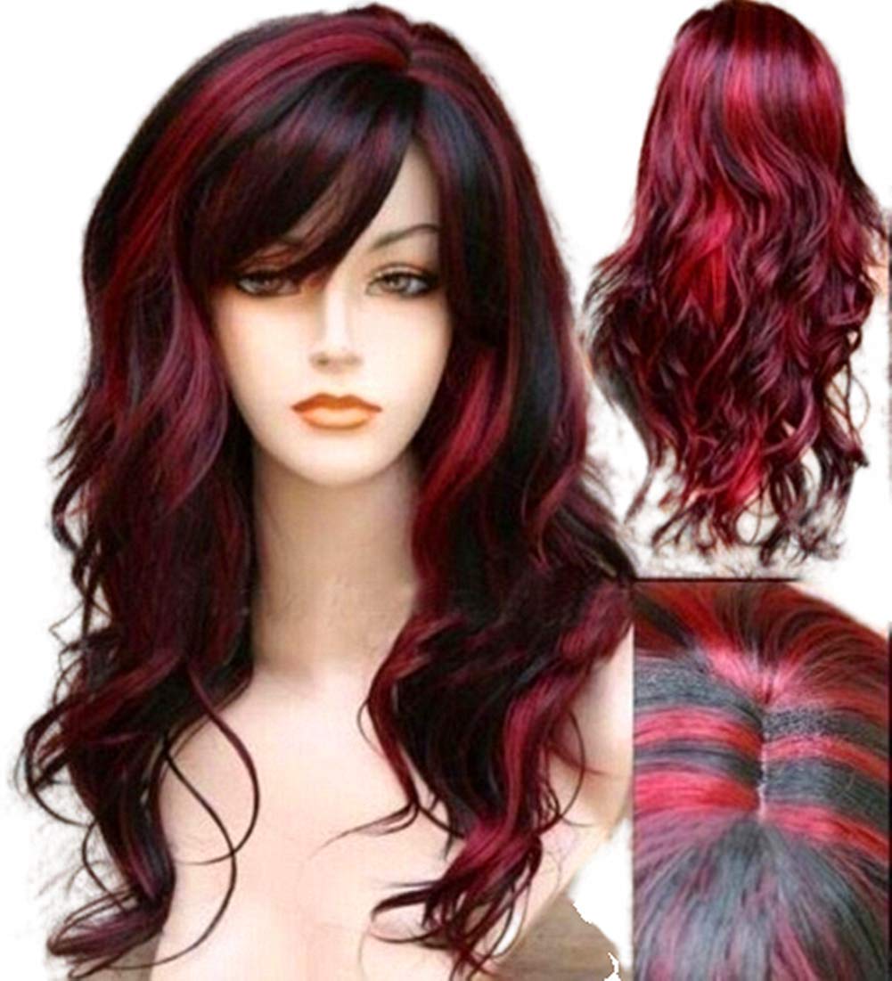 Long Hair Wigs Wavy Curly 24" Glamorous Women Black Red Highlights Synthetic Cosplay Daily Party Clothing Wig with Wig Cap