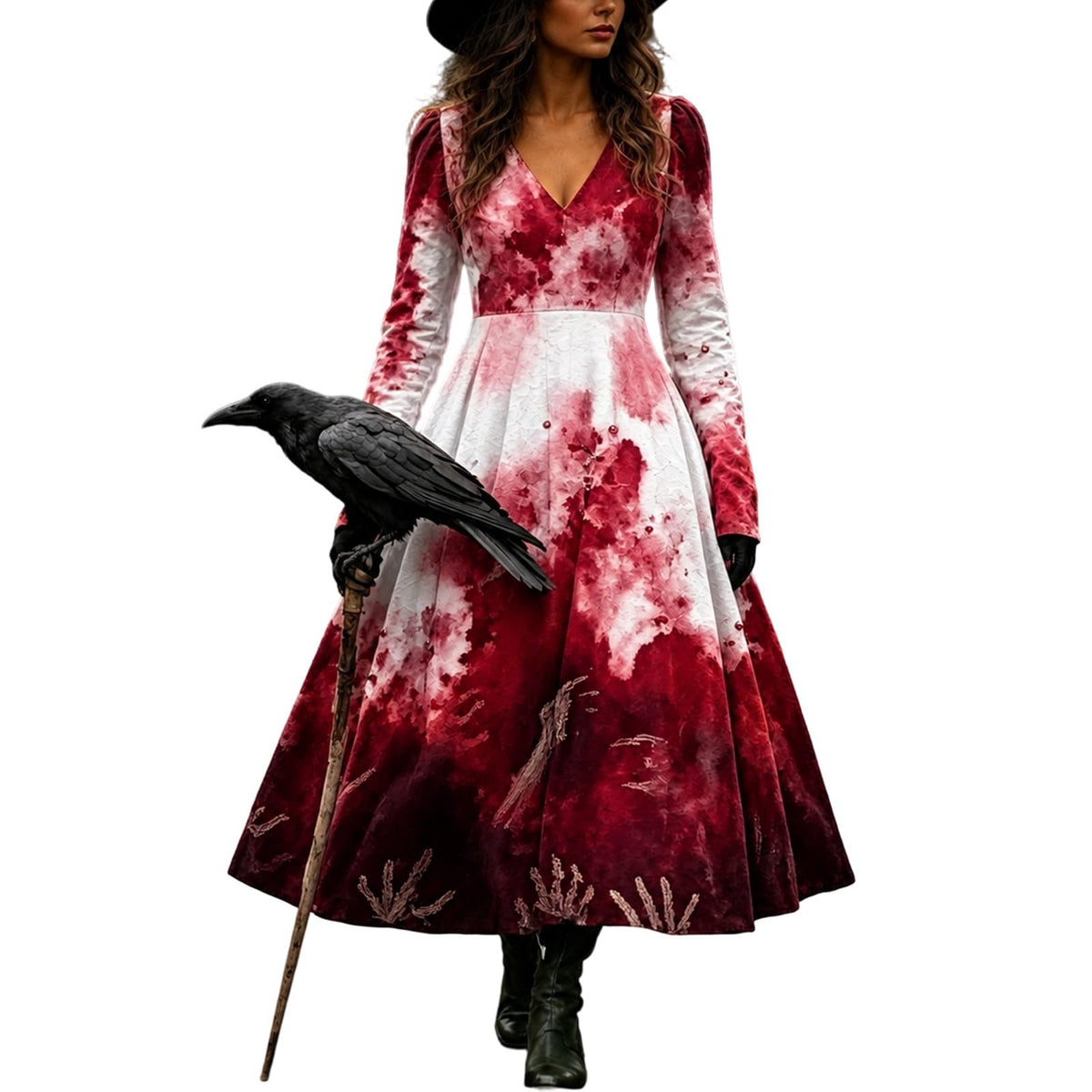 Halloween Dresses For Women V-Neck Skull Print Witch Costumes Gothic Dress