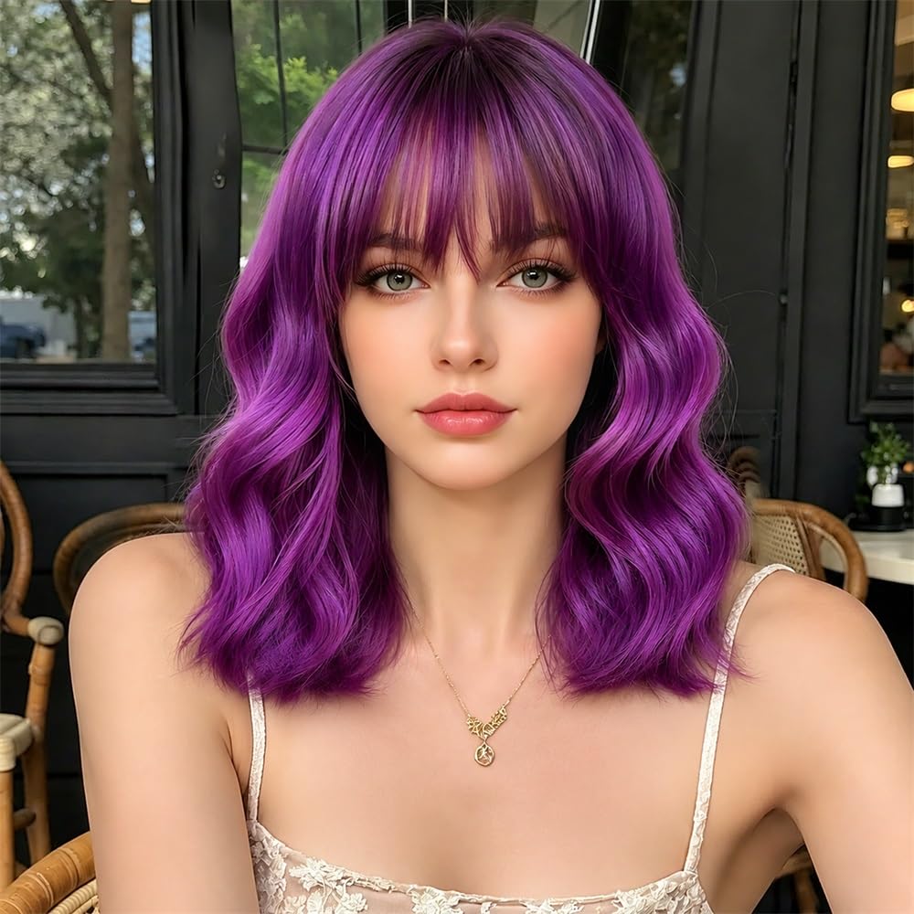 Sweetie Royal Blue Bob Wig Bangs – Wavy Synthetic Shoulder Length