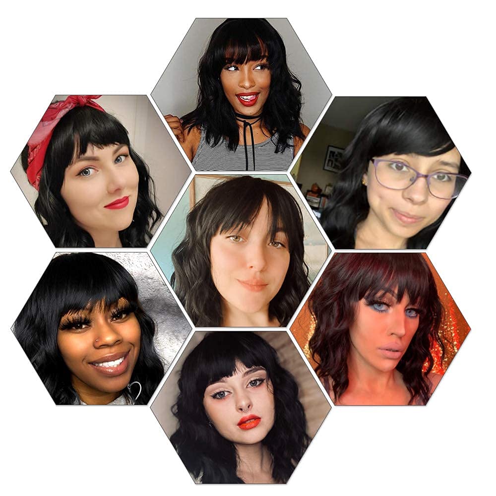 Black Mixed Brown Wig for Black Women Short Wavy Curly Bob Wig with Bangs