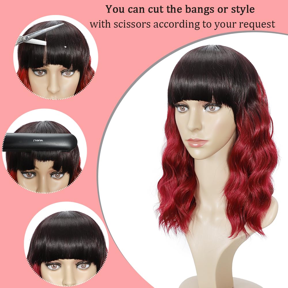Black Mixed Brown Wig for Black Women Short Wavy Curly Bob Wig with Bangs