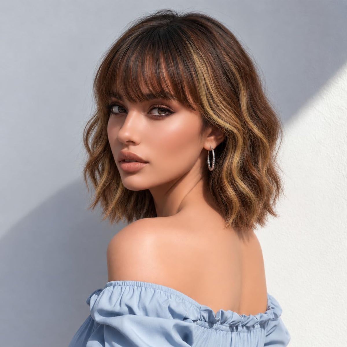 NOSTALGIA Wigs for Women, Short Wavy Bob Wig with Bangs, Trimmable Bangs, Shoulder Length, Black To Brown Heat Resistant Synthetic Wig for Daily Party Use, 14 Inch